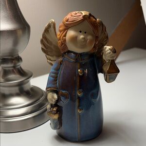 EUC  Blue Angel Figurine ceramic angel drip glaze blue robe heart buttons 5,5”